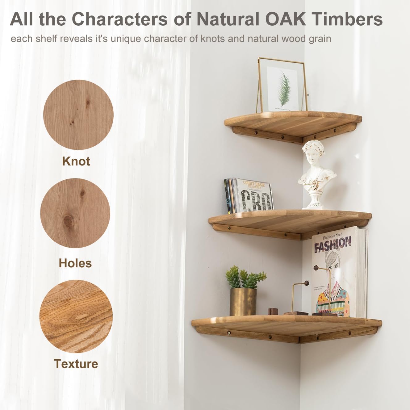 Corner Shelves, Floating Corner Shelf, Set of 2 Solid Oak Wood Wall Shelves, Round End Wall Mount with Wire Hole Shelving for Small Plant for Bedroom Kitchen, Living Room (Oak, 7.1in 2P)