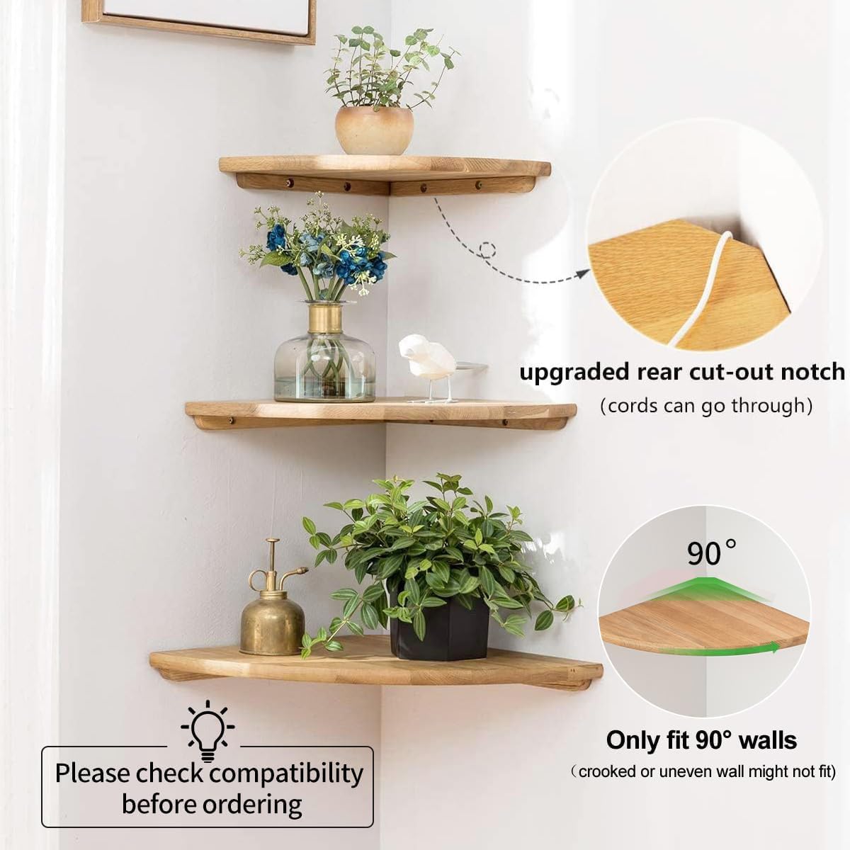 Corner Shelves, Floating Corner Shelf, Set of 2 Solid Oak Wood Wall Shelves, Round End Wall Mount with Wire Hole Shelving for Small Plant for Bedroom Kitchen, Living Room 8.7“