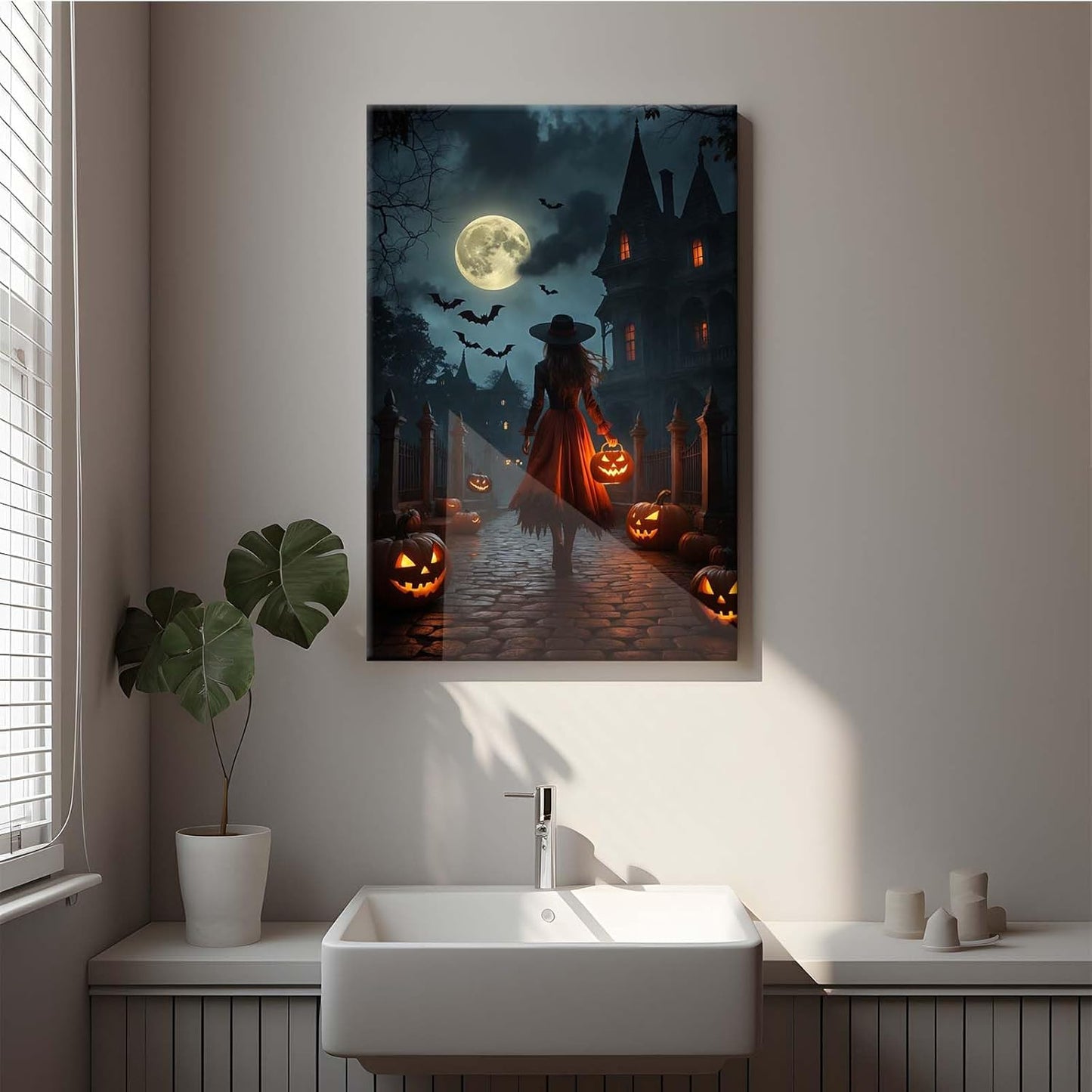 JFHCQJPK Halloween theme poster moonlit autumn night witch vintage poster art print dark college style gothic painting canvas wall decoration bedroom living room ideal gift24x36in Frameless