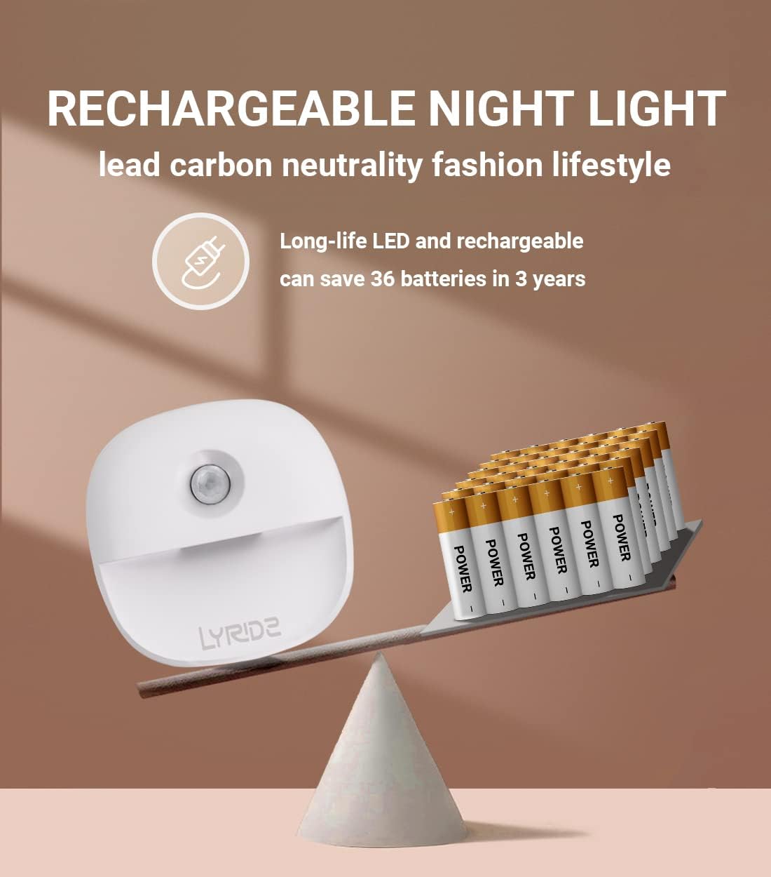 Lyridz Rechargeable Battery Night Light with Motion Sensor, Dimmable Amber Nightlights for Bathroom, Bedroom, Hallway, Stairs, Pet House, 3 Pack