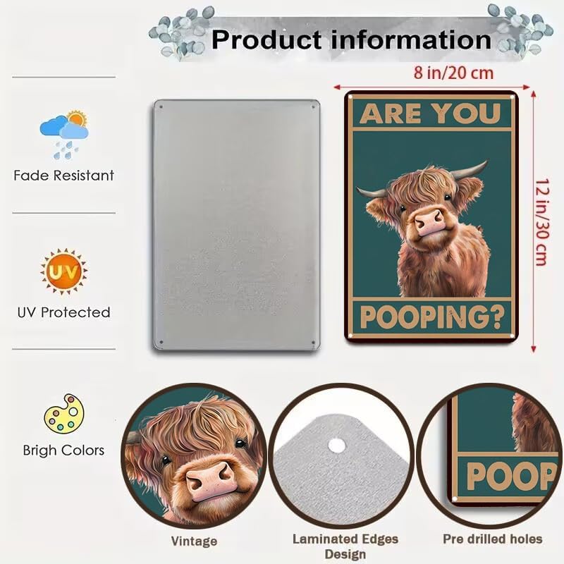 Vintage Highland Cow Tin Sign: Funny "Are You Pooping?" Bathroom Wall Decor for Western & Highland Cow Lovers 8 x 12 Inch (3039)