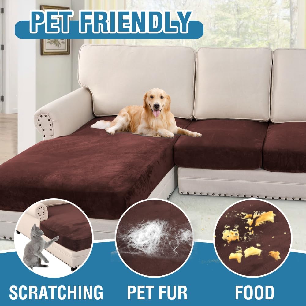H.VERSAILTEX Velvet Stretch Sectional Couch Covers - 4 Piece L Shape Sofa Seat Cushion Set for 3 Seater + 1 Chaise (Brown)