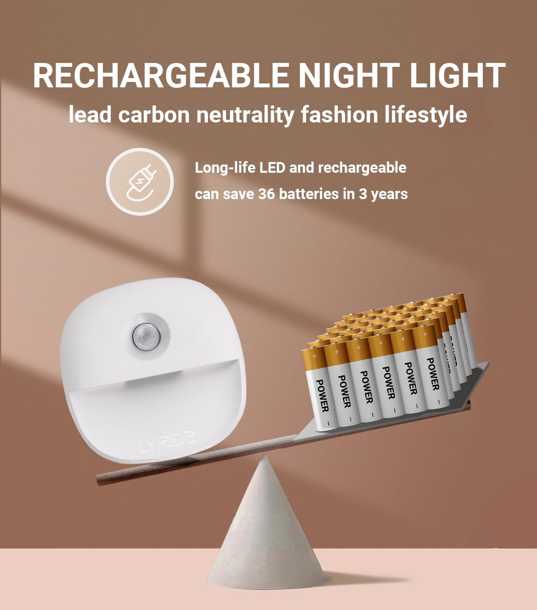 Lyridz Rechargeable Night Light, Motion Sensor Battery Nightlights, Mini Stick-on LED Closet Light, 1-20LM Dimmable Brightness for Bedroom, Kitchen, Washroom, Stairs, Hallway, 3-Pack