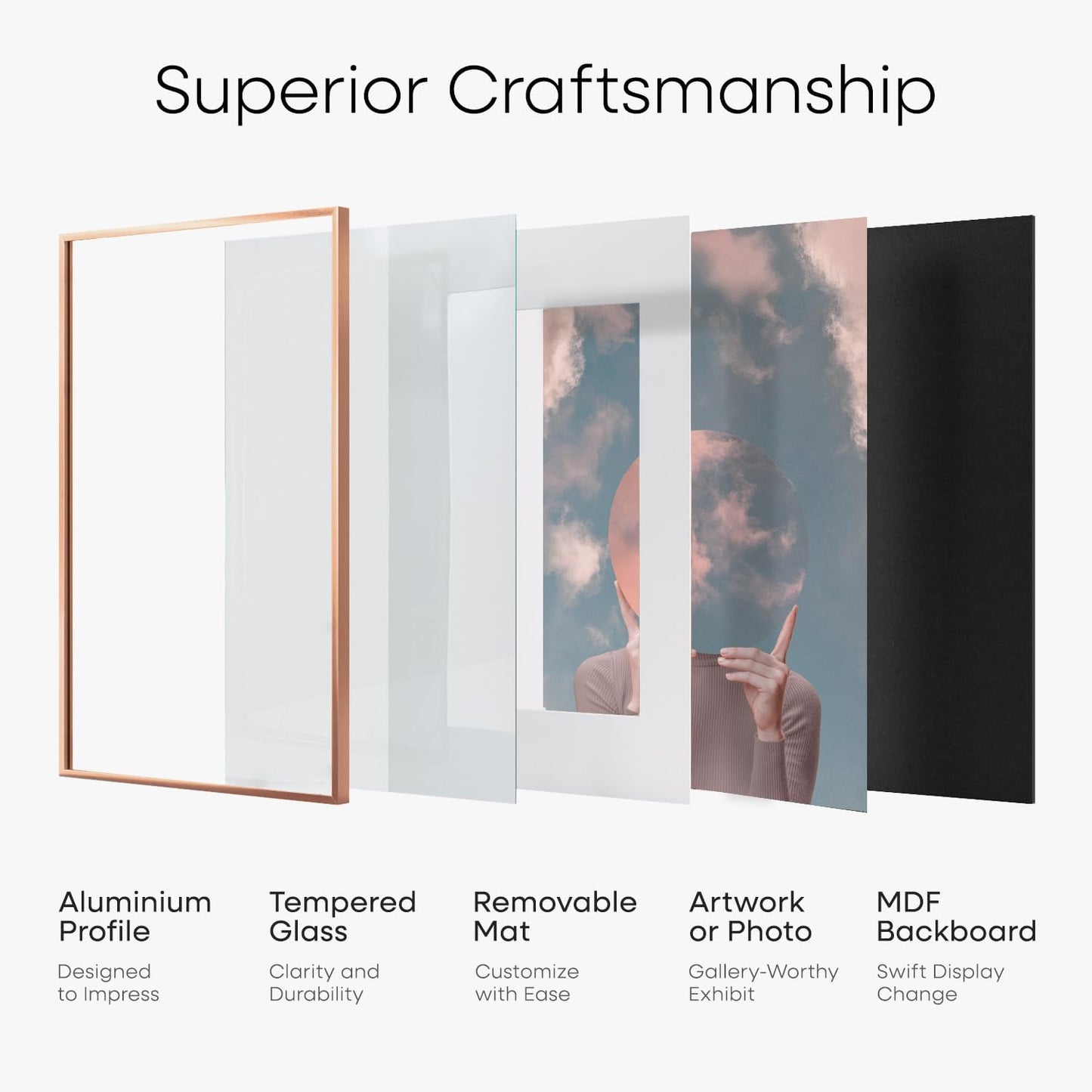 Homeforia 14x14 Picture Frame Rose Gold, High End Metal 14 x 14 Square Poster Frame with Mat 12 x 12 Photo, 14x14 Frame Matted to 12x12 Print, 14by14 Hanging Frames, Tempered Glass, Wall Kit, Set of 1