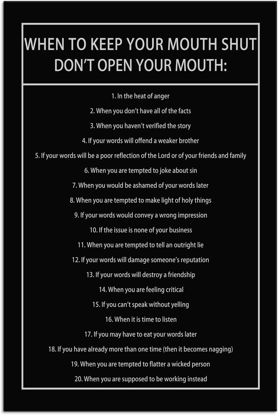 Inspirational Canvas Wall Art When to Keep Your Mouth Shut Don't Open Your Mouth Life Motivational Poster Life Learning Quote Picture Home Office Decor Painting Framed and Stretched[24''W x 36''H]