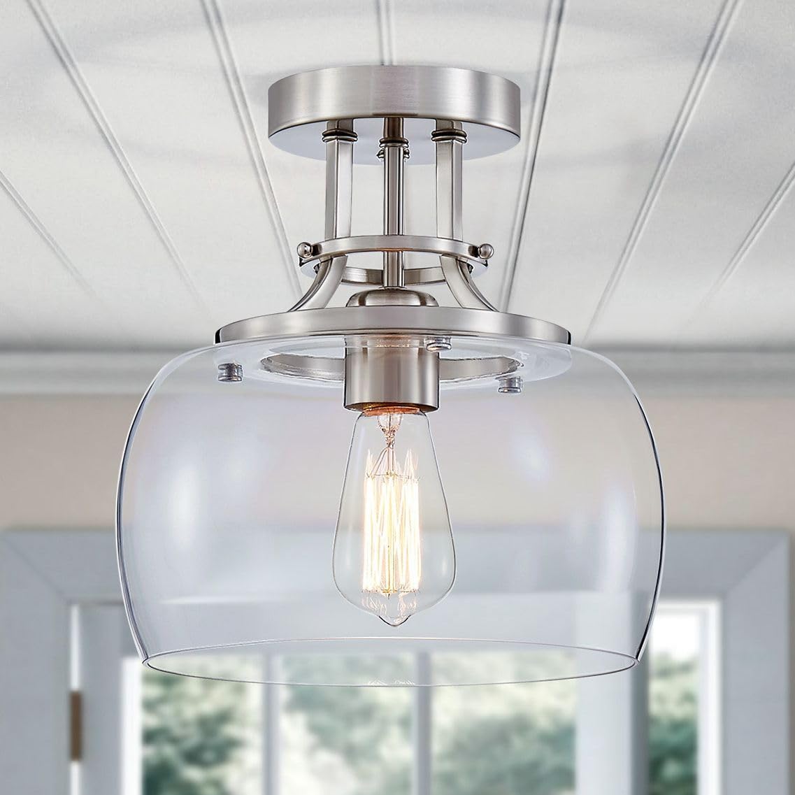 WUZUPS Chandelier Rustic Farmhouse Industrial Round Semi-flushmount Ceiling LED Light Fixture with Clear Glass Shades for Bathroom Kitchen Foyer Entryway, H 10" x W 10", E26 Base, Brushed Nickel