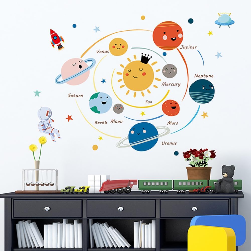 Quanhaigou 3D Solar Space Wall Decals Stickers Wall Murals Wallpaper Decor for Home Floor Living Room (Solar System)