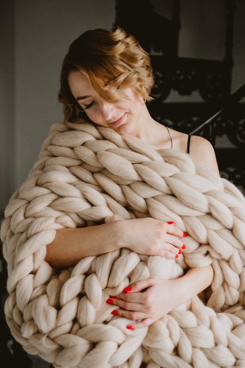 Merino Wool Chunky Knit Throw Blanket, 47x60in, Camel