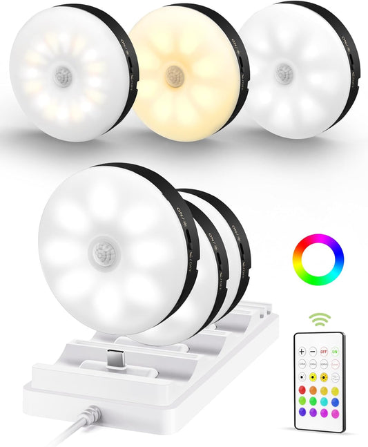 EZVALO Under Cabinet Lighting with Charging Station,1000mAh Rechargeable Puck Lights with Remote, 3 Color Temps & 12 RGB Closet Lights, Dimmable Motion Sensor Lights for Shelf, Kitchen (6 Packs)