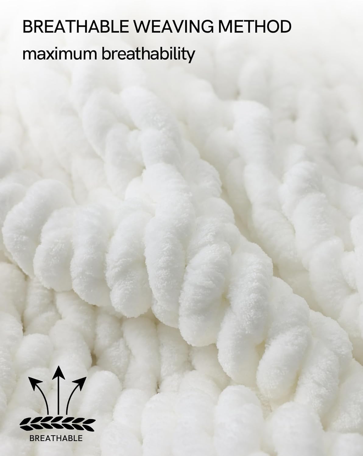 YnM Chunky Throw Blanket, Medium-Weight, Hand Knitted with Chenielle Yarn, Skin Friendly, Ventilated and Breathable, Machine Washable, Home Décor Piece for Couch, Sofa and Bed (White, 80x87 Inch)