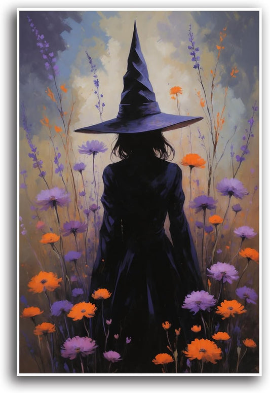 JFHCQJPK Country wildflower witch canvas print halloween mashup art witch purple decoration bohemian elegant art poster20x30in Frameless