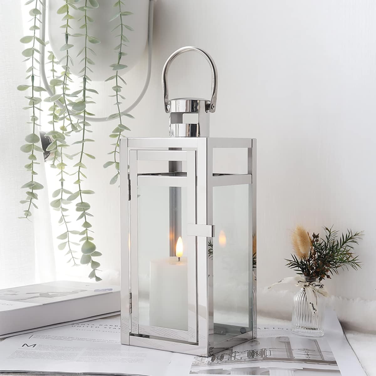 TRIROCKS Set of 2 Stainless Steel Decorative Lantern 12'' High Metal Hanging Lantern with Clear Glass Panels Perfect for Home Decor Living Room Parties Events Tabletop Indoors Outdoors (Silver)