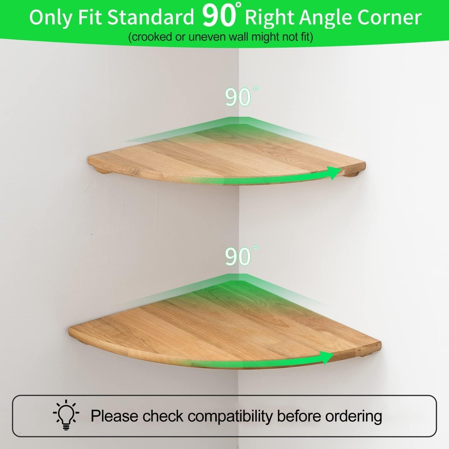 Corner Shelf,16inch Natural Oak Solid Wood Floating Corner Shelves Wall Mount Round End Floating Speaker Rack with Wire Hole for Small Plant for Bedroom Kitchen, Living Room