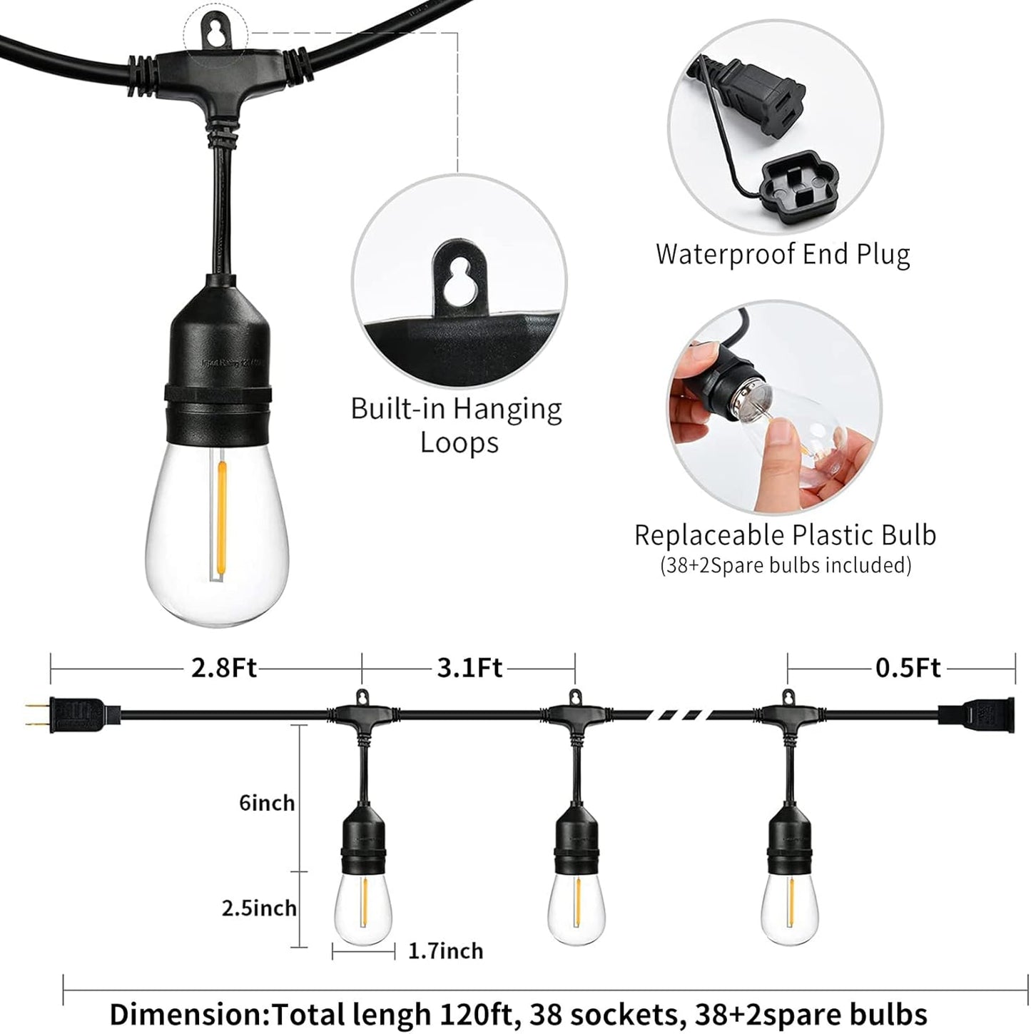 120 FT Outdoor String Lights LED Waterproof with 40 Shatterproof Plastic Warm Edison Bulbs String Bistro Lights for Patio Gazebo Pergola Market