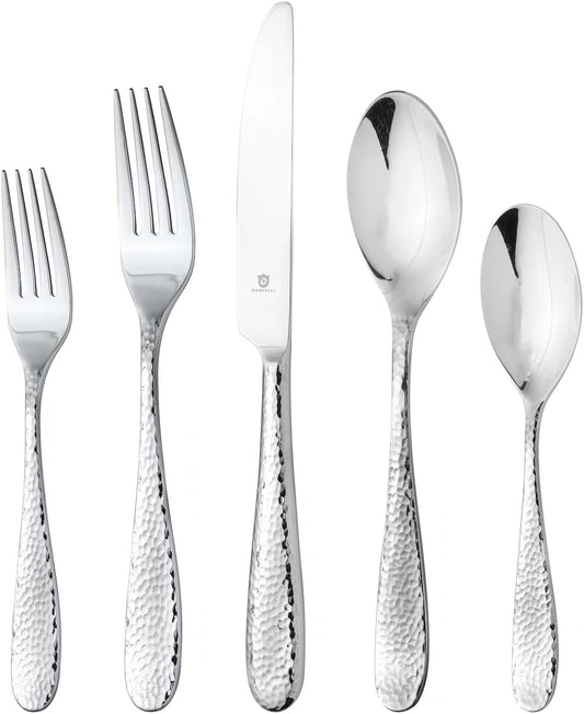 Premium 18/10 Stainless Steel Flatware – Fidenza, Fidenza Hammered, Marettimo, Marettimo Hammered, and Mezzano Engraved collections (60-Piece, Mezzano Engraved)