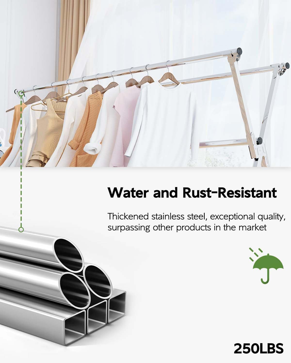 Clothes Drying Rack 79 Inches Folding Indoor Outdoor, Drying Rack Clothing Collapsible, Foldable Laundry Drying Rack, Heavy Duty Stainless Steel Clothesline, Garmet Rack, 20 Hooks 12 Clips