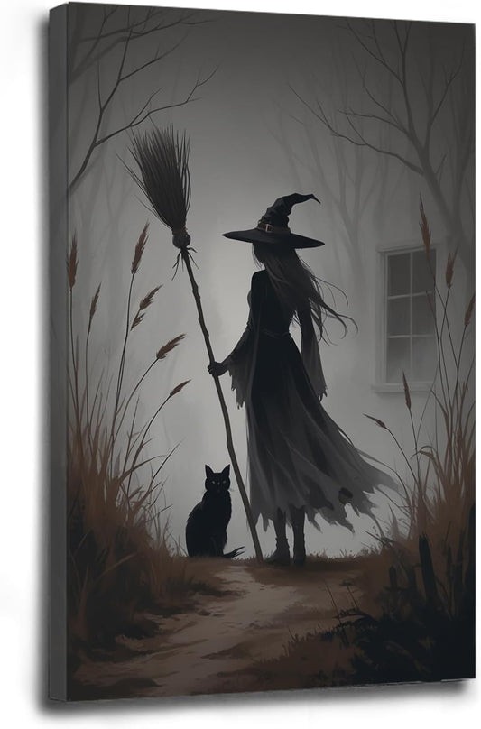 Vintage forest witch and black cat poster Halloween mural poster decoration mural art magic suitable for home living room bedroom28x40in Wood Framed