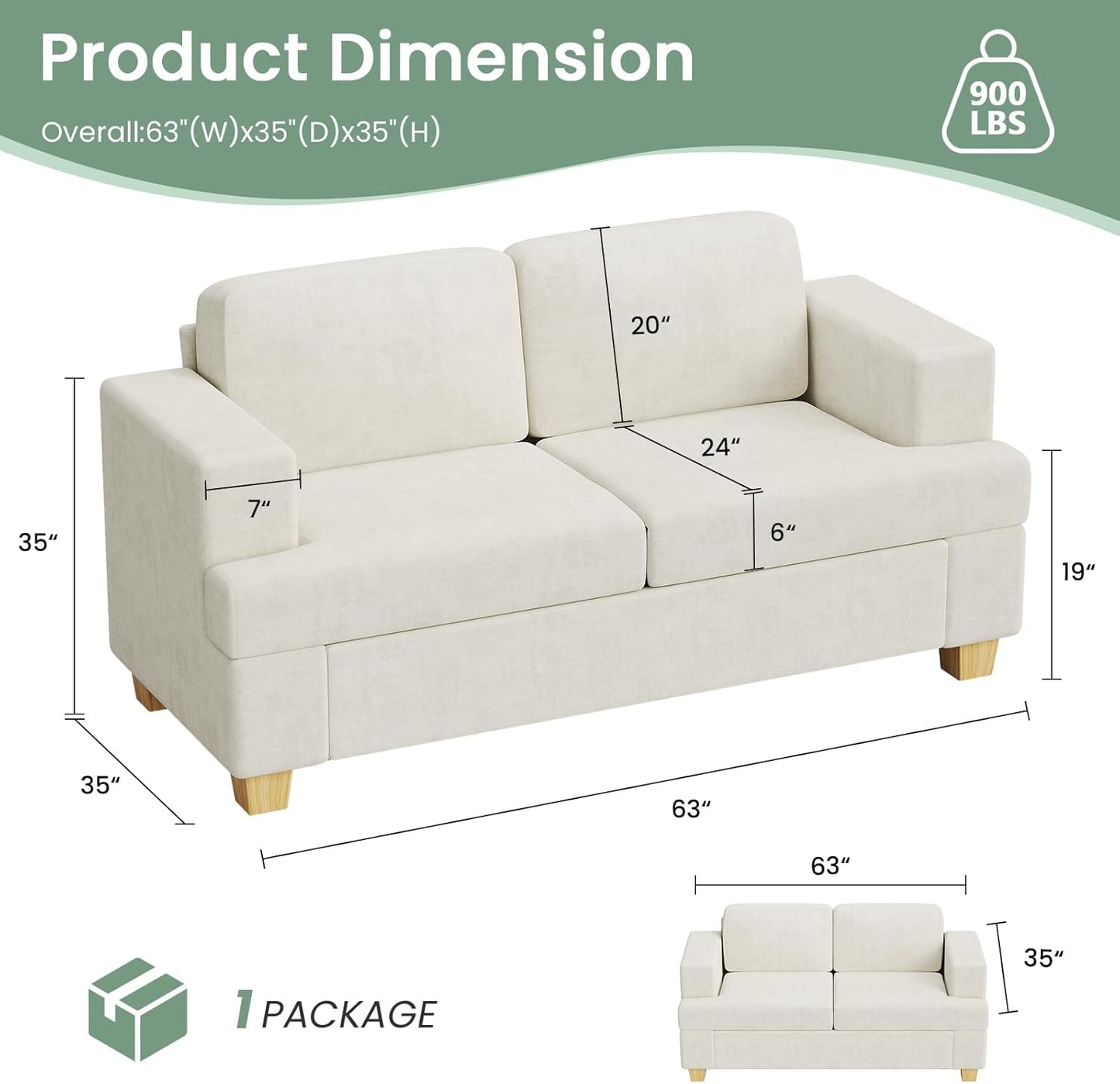 Sofa, 63” Comfy Loveseat Sofa Couch with Deep Seats, Couch for Living Room, Modern Sleeper Sofa, Beige Chenille