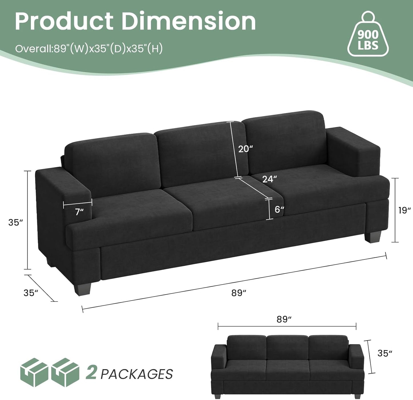 Sofa, 89" 3-Seater Deep Seat Sofa, Modern Comfy Couches for Living Room Apartment Lounge, Dark Grey Chenille