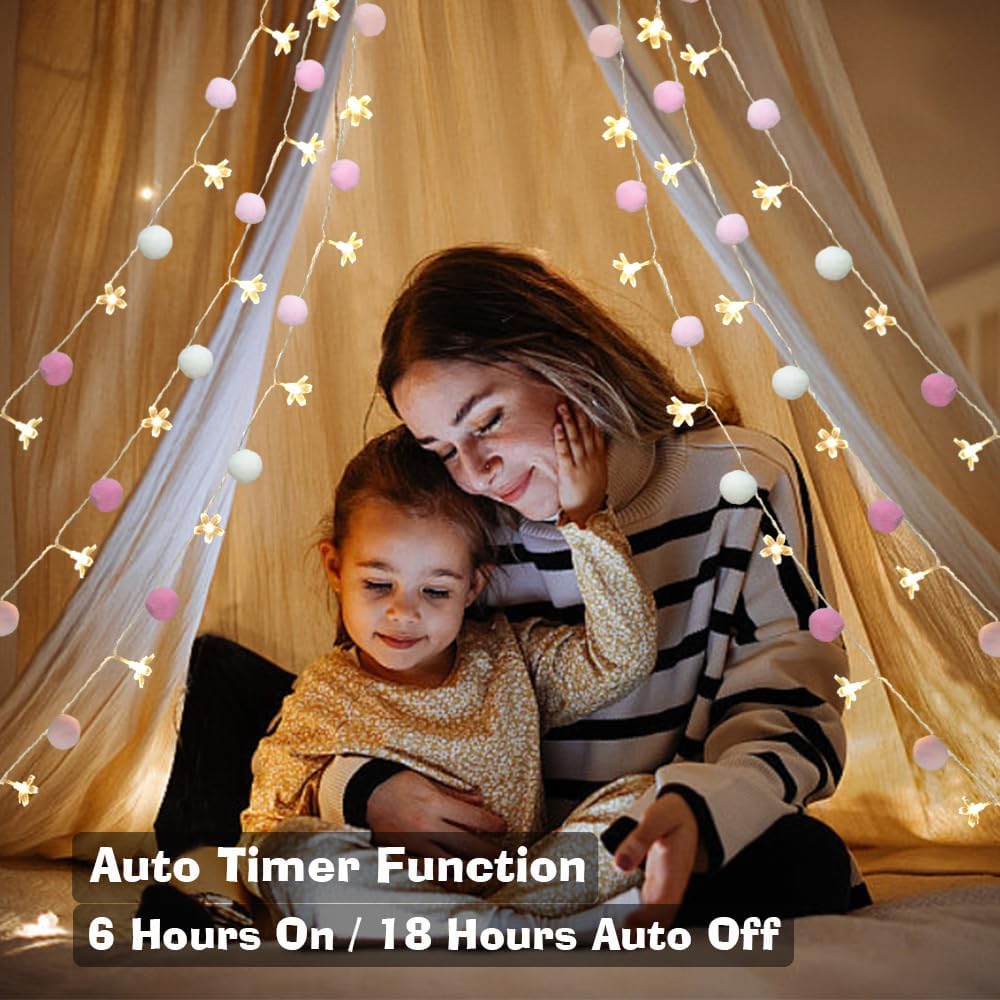 9.85Ft Fairy Lights 20 Cute Pink Pompoms 20 LEDs Cherry Blossom String Garland Battey Operated with Timer Flower Lights for Bedroom Kids Room Party Birthday Wedding Valentines Decoration