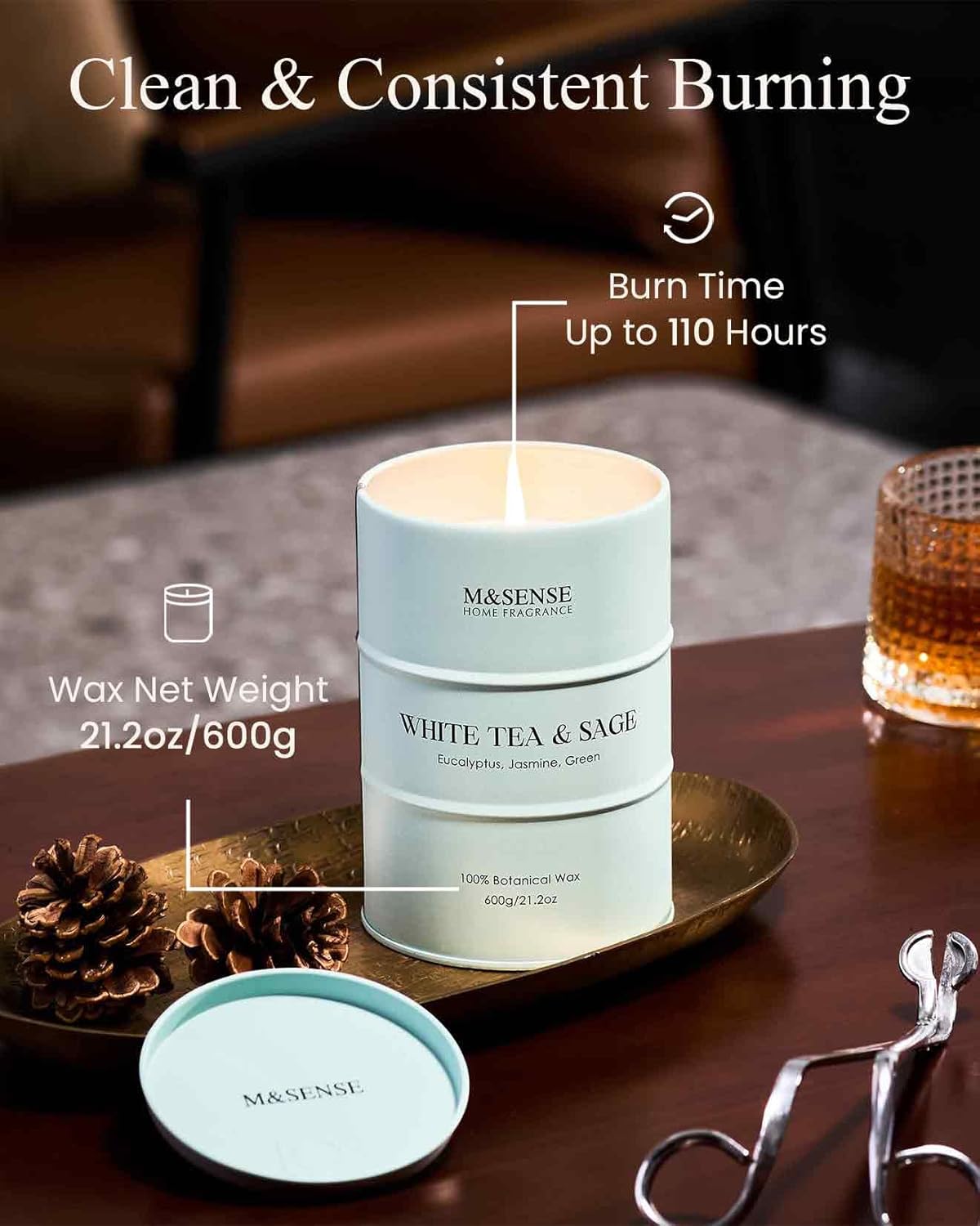 M&SENSE White Tea Sage Scented Candles Large, Natural Soy Candles 21.2oz 120 Hour Slow Burning,Aromatherapy Candle for Stress Relief Meditation Relaxing