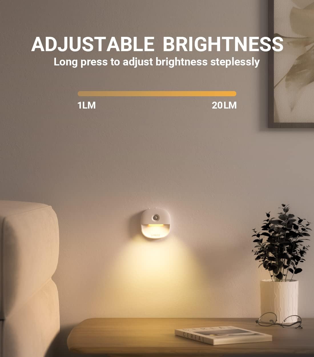 Lyridz Rechargeable Night Light, Motion Sensor Battery Nightlight, Mini Stick-on LED Closet Light, 1-20LM Dimmable Brightness for Bathroom, Bedroom, Kitchen, Washroom, Stairs, Hallway, 3-Pack