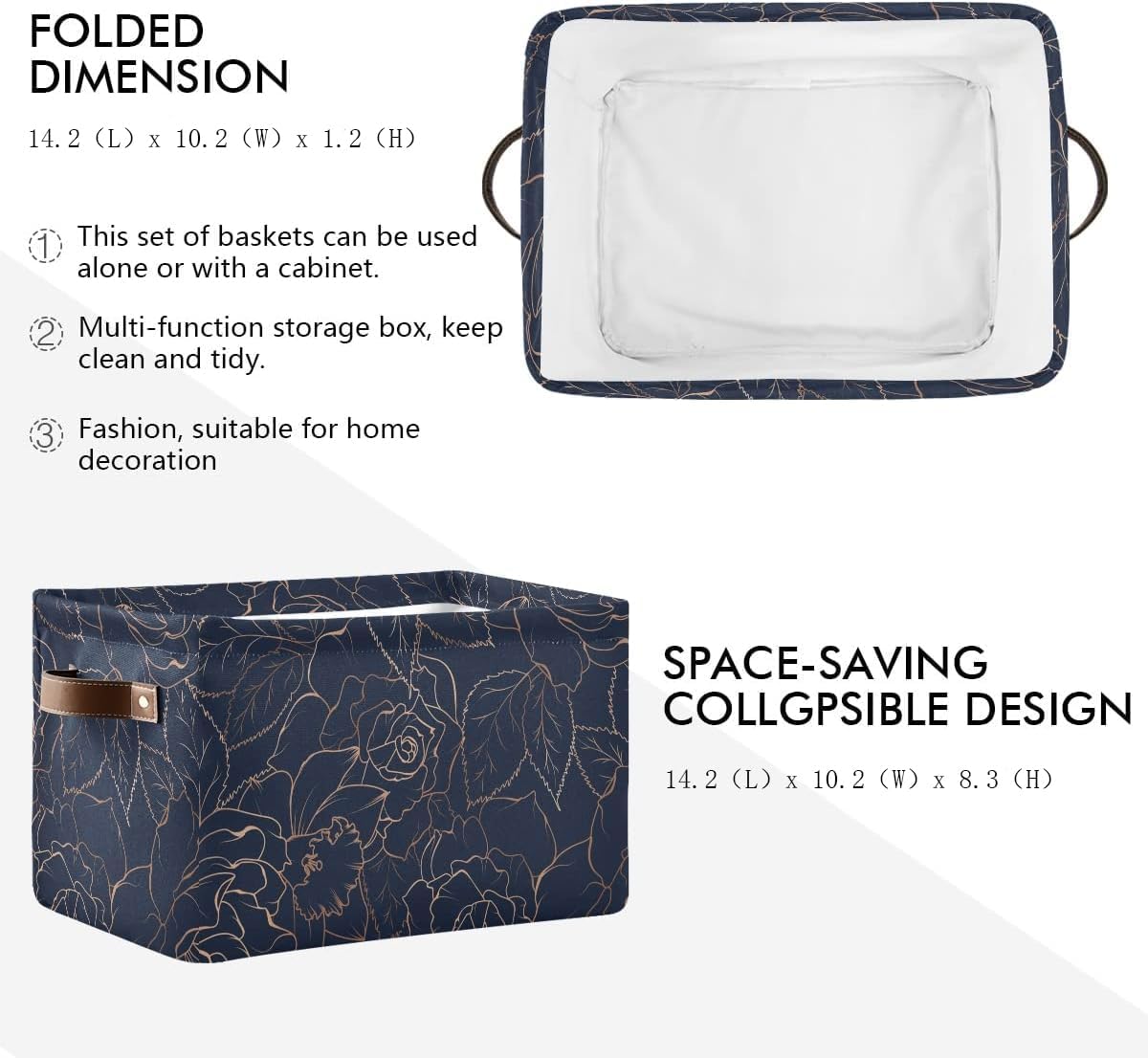 susiyo Large Foldable Storage Bins Collapsible Decorative Fabric Storage Baskets with Leather Handles for Home Closet Bedroom Organizer Nursery 2 Pack,Navy Blue
