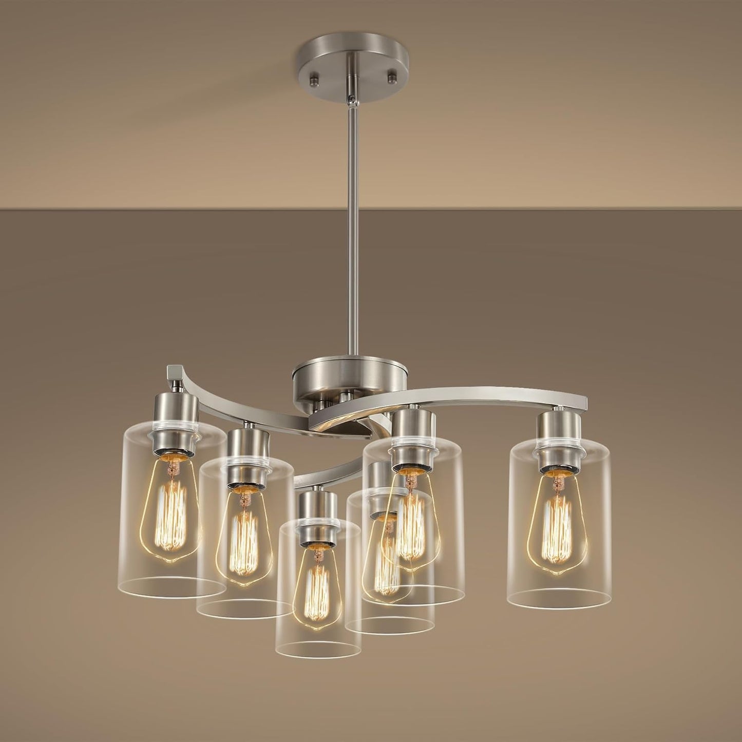 6-Light Brushed Nickel Chandeliers for Dining Room Light Fixtures Over Table, Adjustable Height Hanging Industrial Pendant Lighting for Kitchen Island Bedroom, Clear Glass Shade
