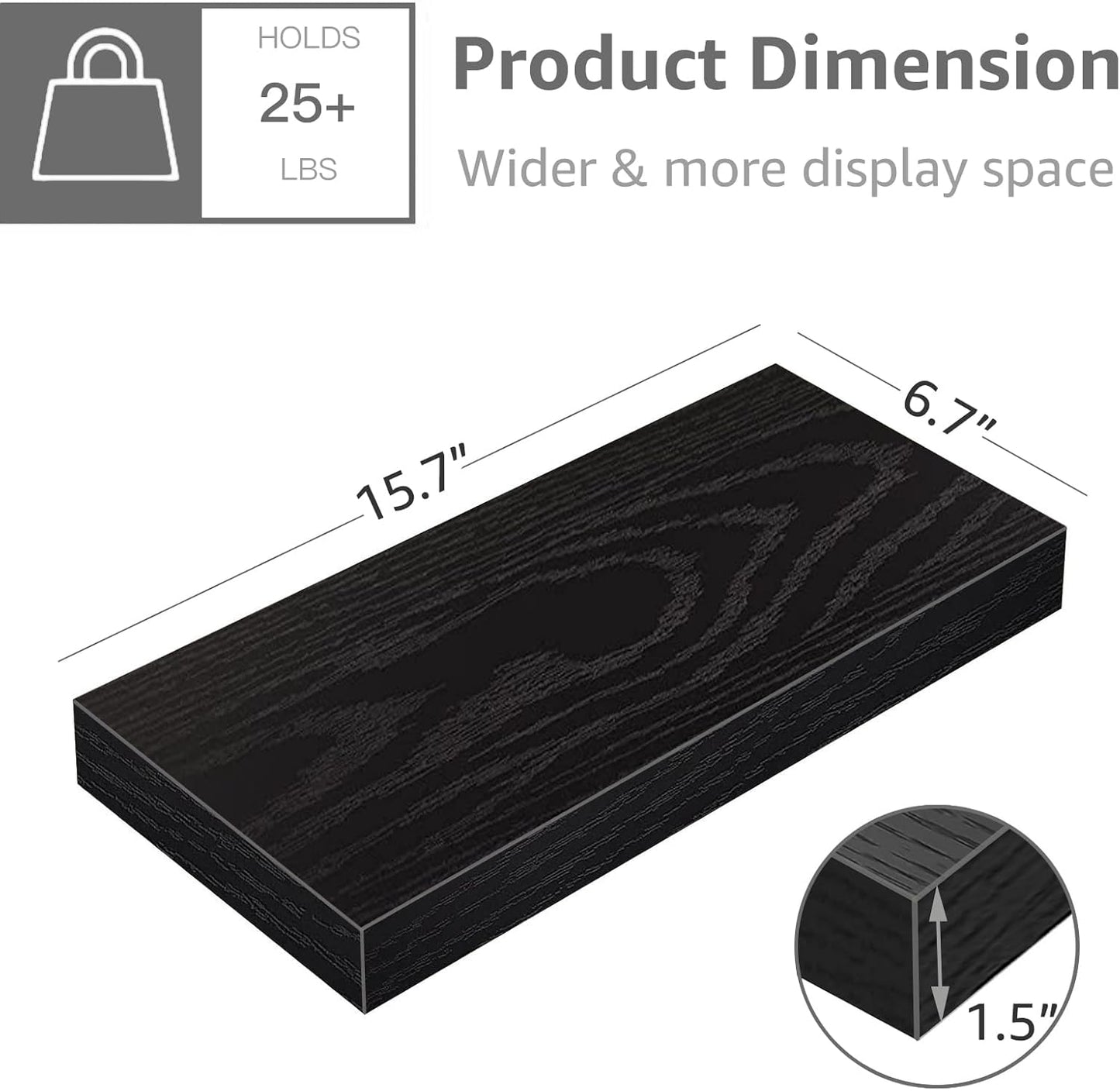 QEEIG Floating Shelves for Wall Bathroom Shelf Bedroom Kitchen Living Room Farmhouse Small Book Shelf 16 inch Set of 4, Black (015-B4)