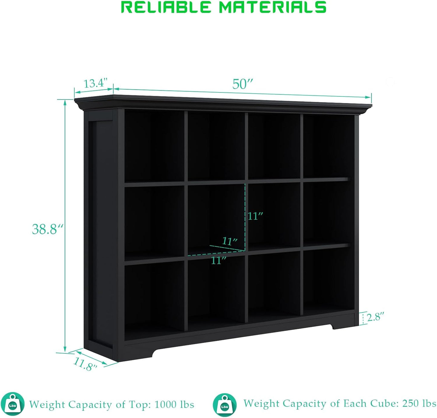Cube Storage Bookcase with Base - Wooden 3 Tiers Floor Standing Open Shelf Cabinet for Home and Office, 12-Cube Lattice Bookshelf, Black