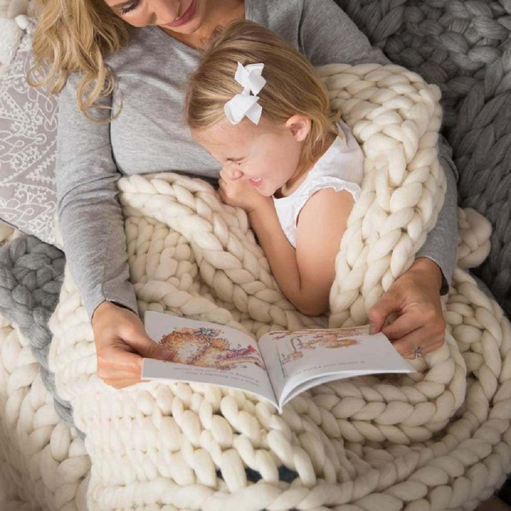 Chunky Knit Blanket Hand Made Merino Wool Throw Boho Bedroom Sofa Home Decor Giant Yarn(Ivory White 80"x80")