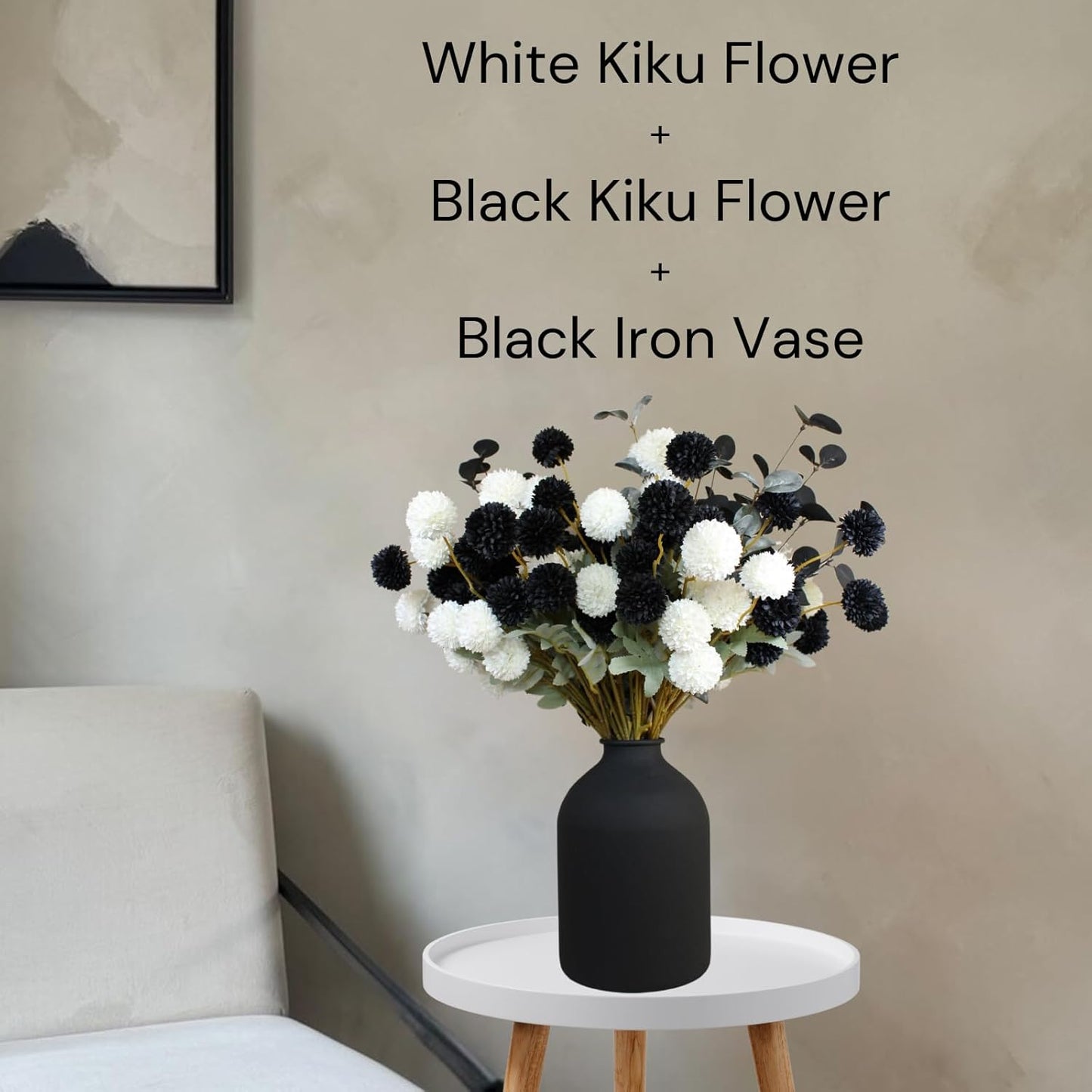 RyddeligHome Black Artificial Flowers for Centerpieces Bulk 10 Long Stems /50 Small Faux Silk Mum Balls + Black Eucalyptus Stems 2 Branches, Fall Boho Halloween Home Decor Indoor, Gothic Flowers