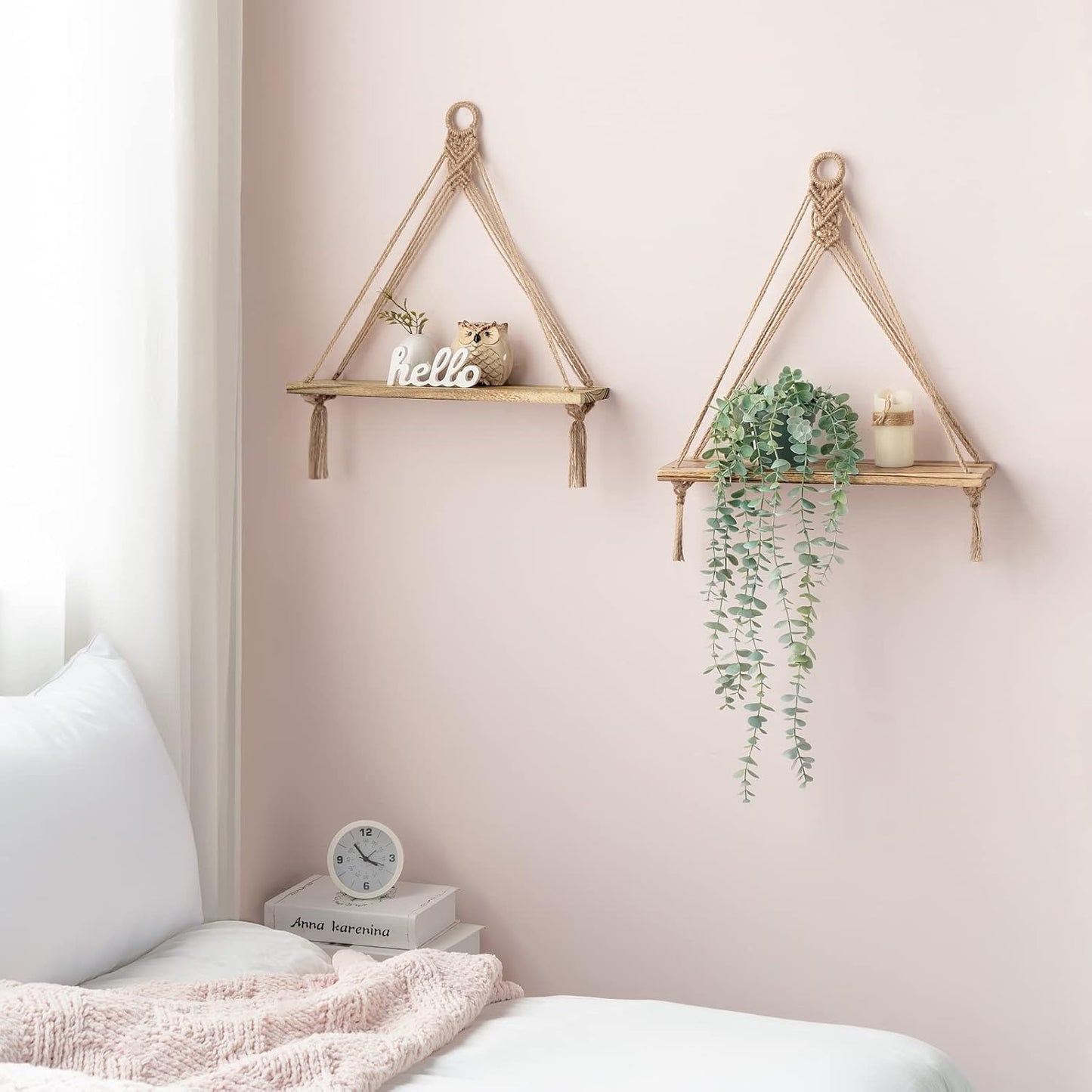 Mkono Macrame Hanging Shelves Boho Wall Decor Set of 2 Rustic Wood Floating Storage Shelf for Bedroom Bathroom Living Room Nursery Dorm Room, Display Shelving for Hanging Plants Photos
