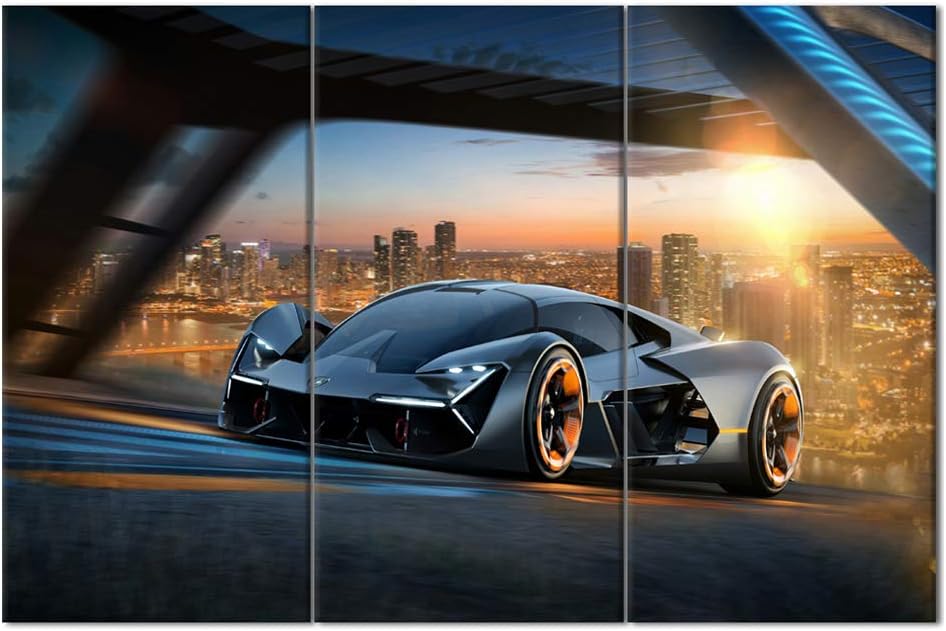 Wall Art for Living Room Black Sports Car Paintings Fantasy Scenery Pictures Contemporary Artwork Printed on Canvas Home Decor Giclee Framed Stretched Ready to Hang Gift - 40 x 20inch x 3 panels