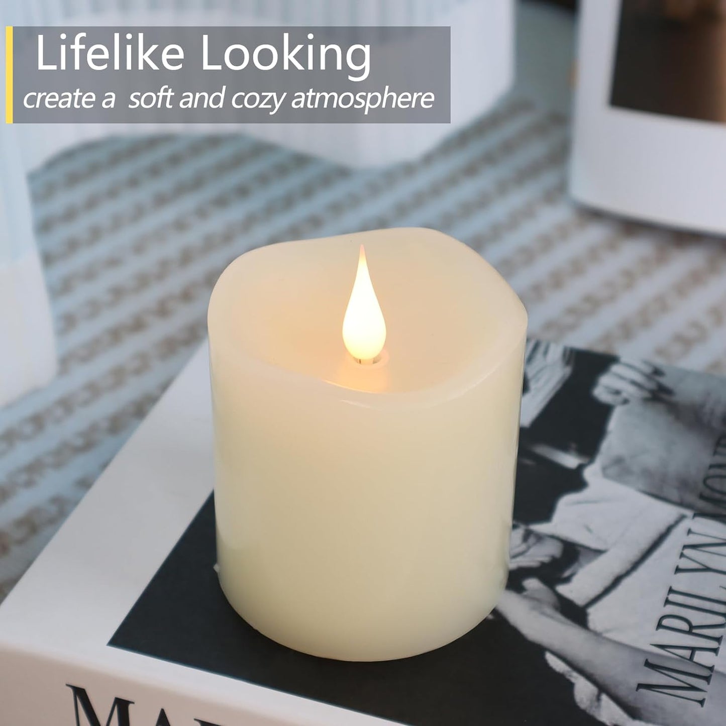 Flameless Candles Battery Operated with Timer, 3D Moving Flame Flickering, Last 600+ Hours Battery Candles, 3" x 3" Ivory Real Wax Electric LED Candle for Wedding Party Decorations