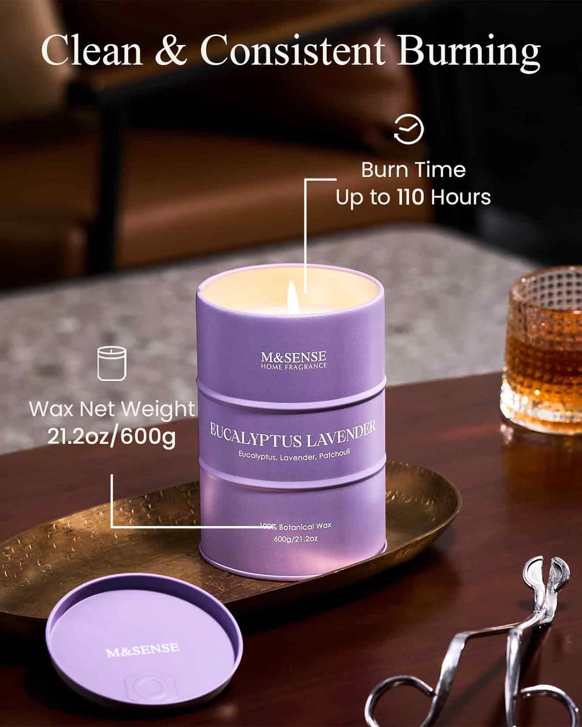 M&SENSE Eucalyptus Lavender Scented Candles Large, Natural Soy Candles 21.2oz 120 Hour Slow Burning,Aromatherapy Candle for Stress Relief Meditation Relaxing