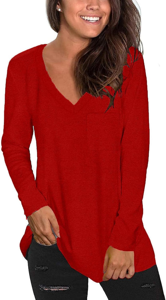 Tobrief Women's Long Sleeve V-Neck Shirts Fall Graphic Tees Loose Casual T-Shirt