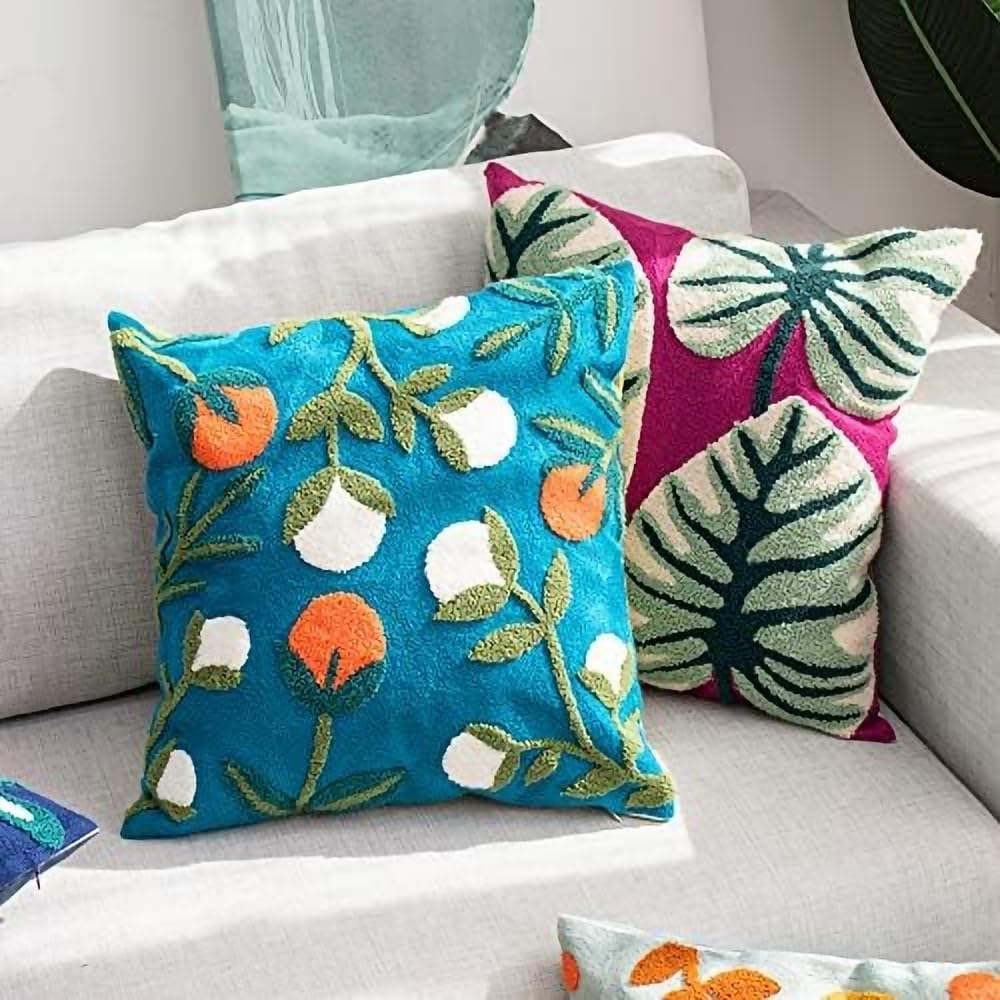 MOCOFO Canvas Embroidered Pillow Case Spring Embroidery Craft Modern Simple Sofa Office Pillow Pillow Case (Monstera, 18x18’’)