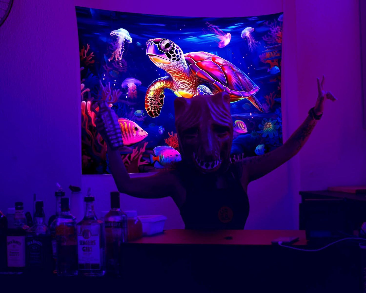QGHOT Turtle Tapestry, Blacklight Ocean Tapestry Wall Hanging Undersea Black Light Poster for Kids Glow in the Dark for Kids Bedroom Children Toddler Room Decor 90x70in