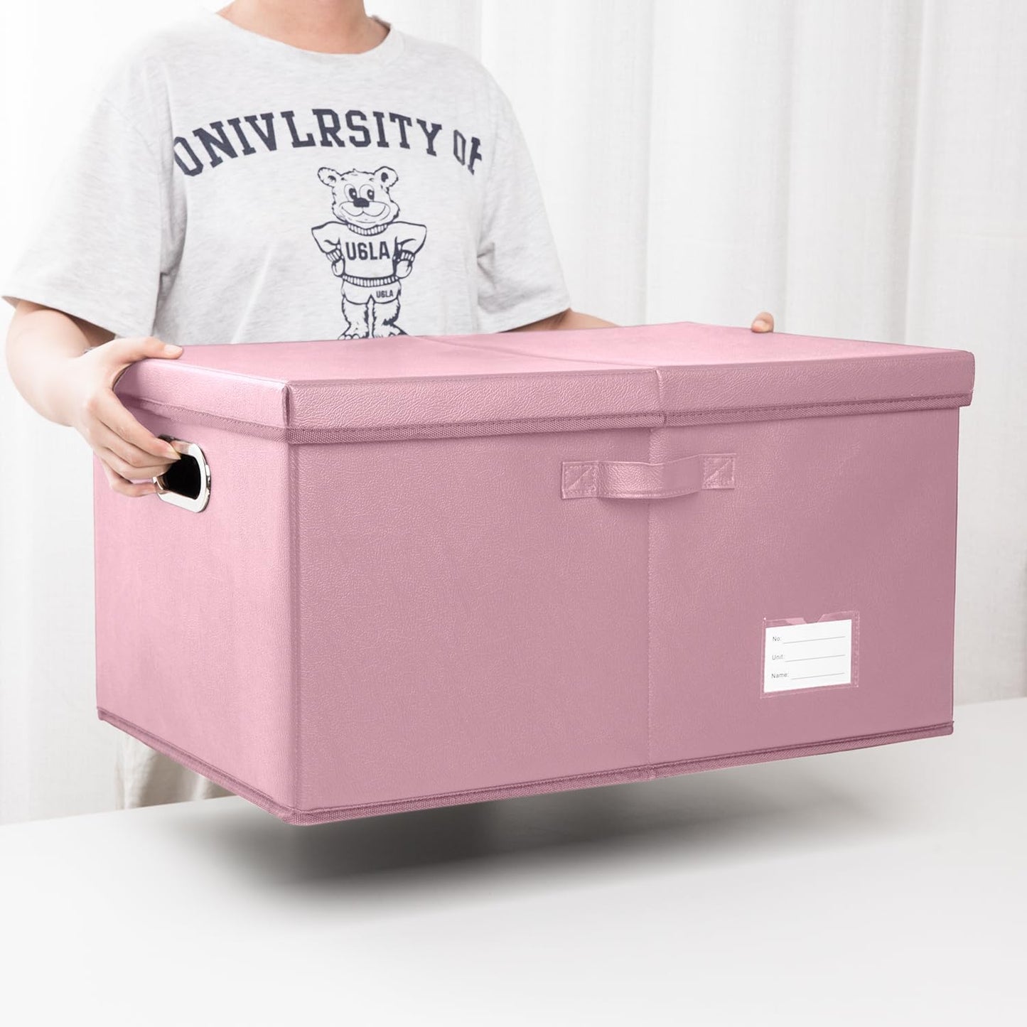 PRANDOM Collapsible Storage Box with Lid [3-Pack] Leather Fabric Foldable Storage Bin Organizer Container Basket Cube with Cover for Home Bedroom Closet Office Nursery Pink(22.8X15.7X11.8)