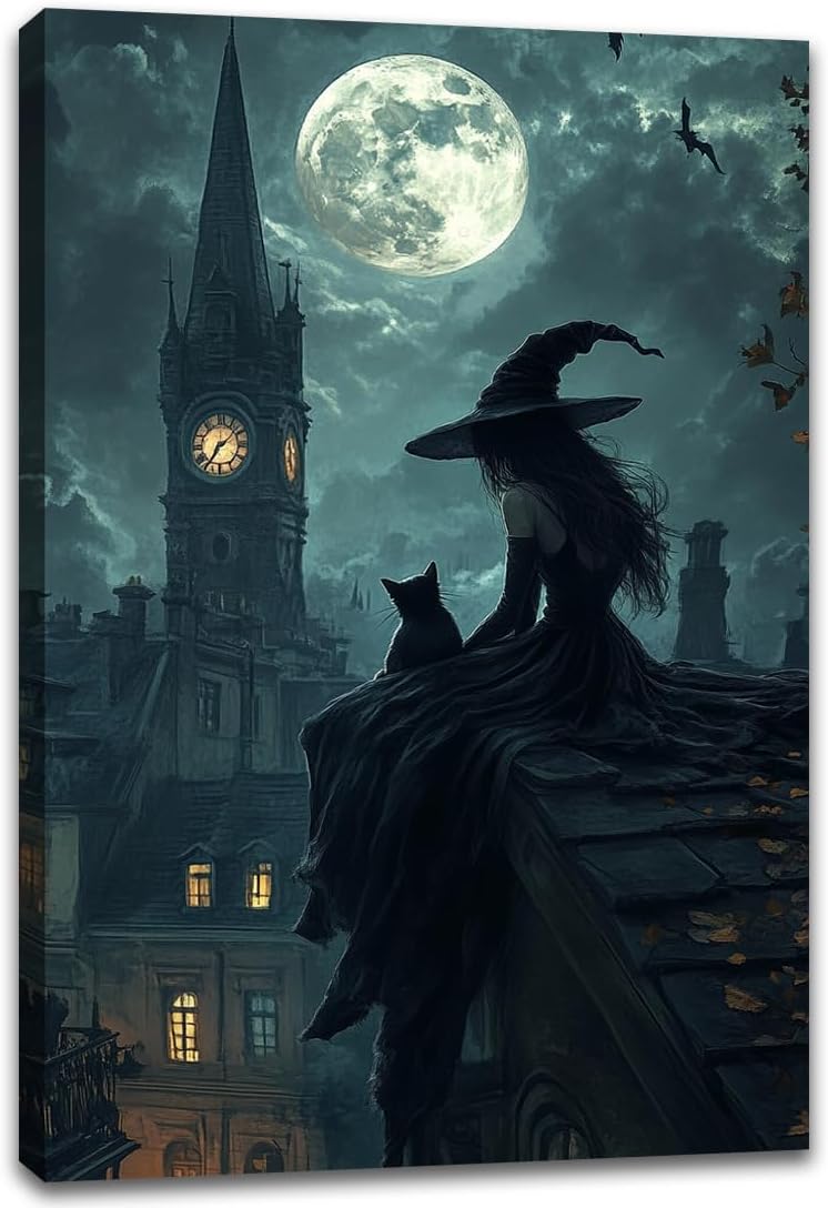 Halloween Witch Black Cat Wall Art,Magical Moon Witch on Roof with Black Cat at Night Scene Painting Haunting Dark Witches Canvas Print for Haunted House Party Decor Poster,24"x36" Framed
