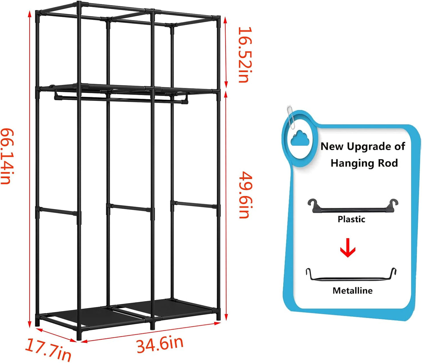 SORCEDAS Portable Wardrobe Closet Storage Organizer Metal Hanging Rack Non-Woven Fabric 34 Inch Black