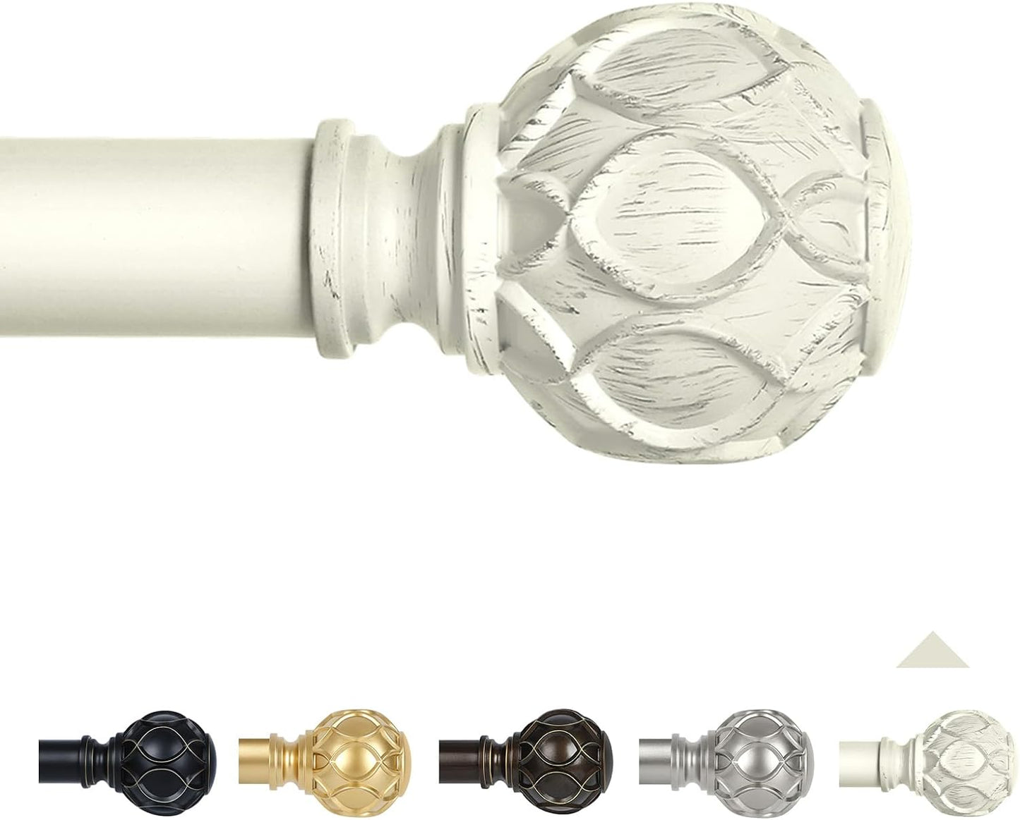 White Farmhouse Curtain Rods for Windows:66-120" Heavy Duty Adjustable Curtain Rod for Bedroom Living Room,Boho Decorative Rustic Drapery Rods with Vintage Coastal Texture Finial,Antique White