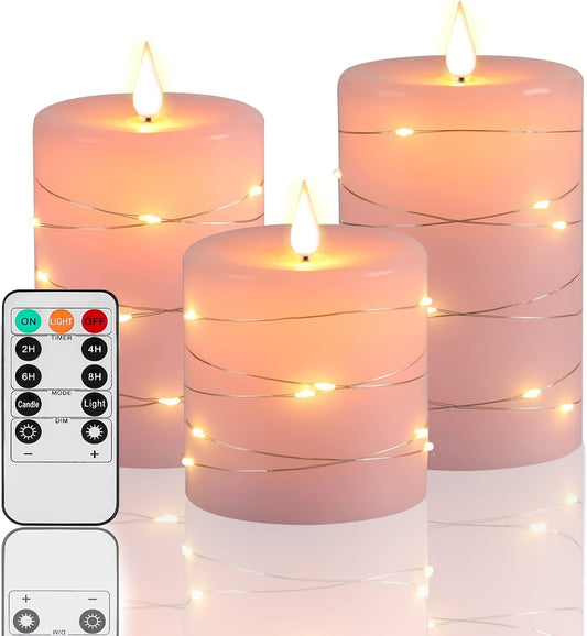 Pink Flameless Candles with String Lights Battery Operated Flickering LED Pillar Candles 4‘’ 5‘’ 6‘’ Candle with Remote Control, Set of 3