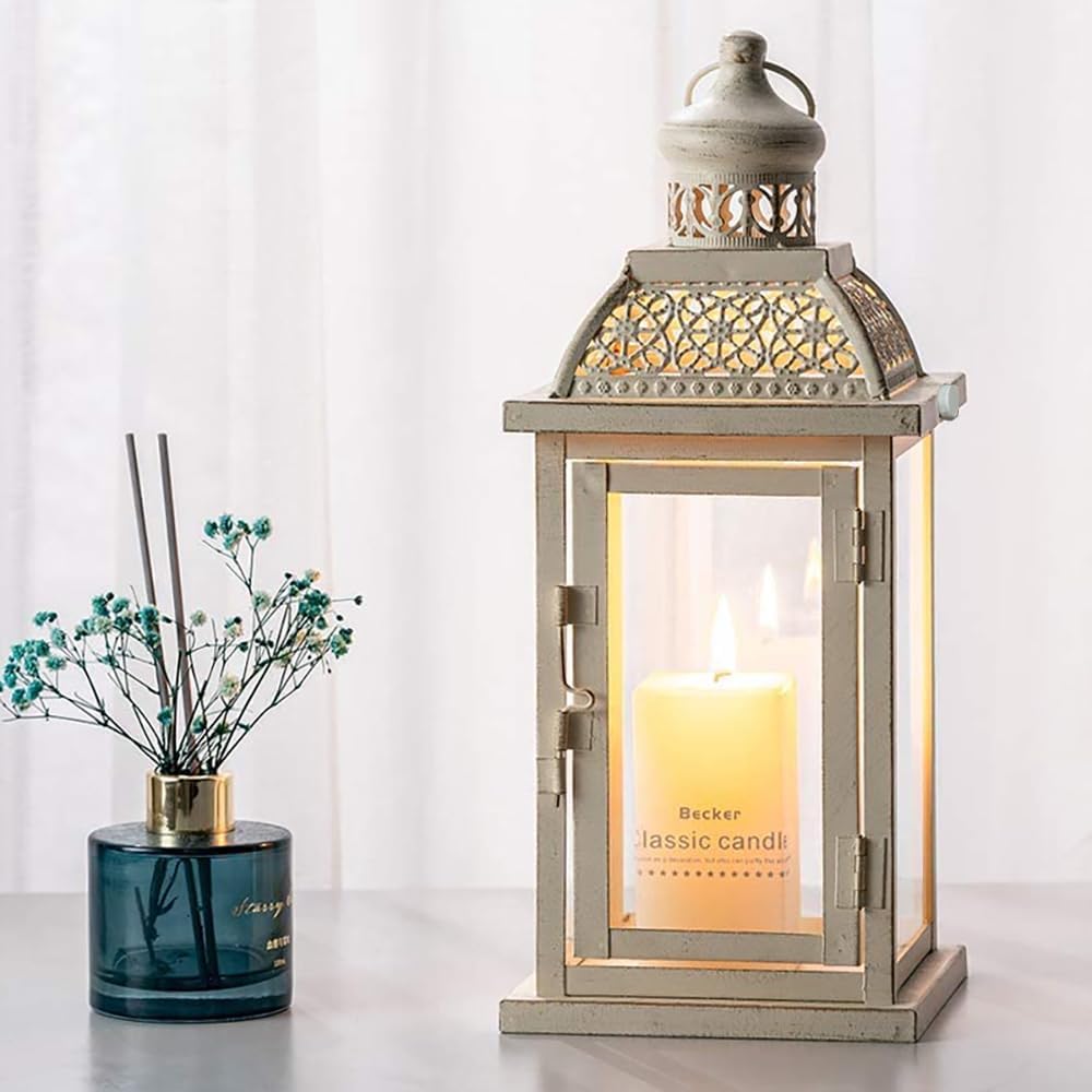 NEEDOMO 14.4" Lanterns Decorations Indoor, Hanging Candle Lantern Outdoor, Vintage Large Lantern Decor with Clear Glass, Metal Candle Holder for Home, Table, Patio, Rustic Farmhouse Wedding, Christmas