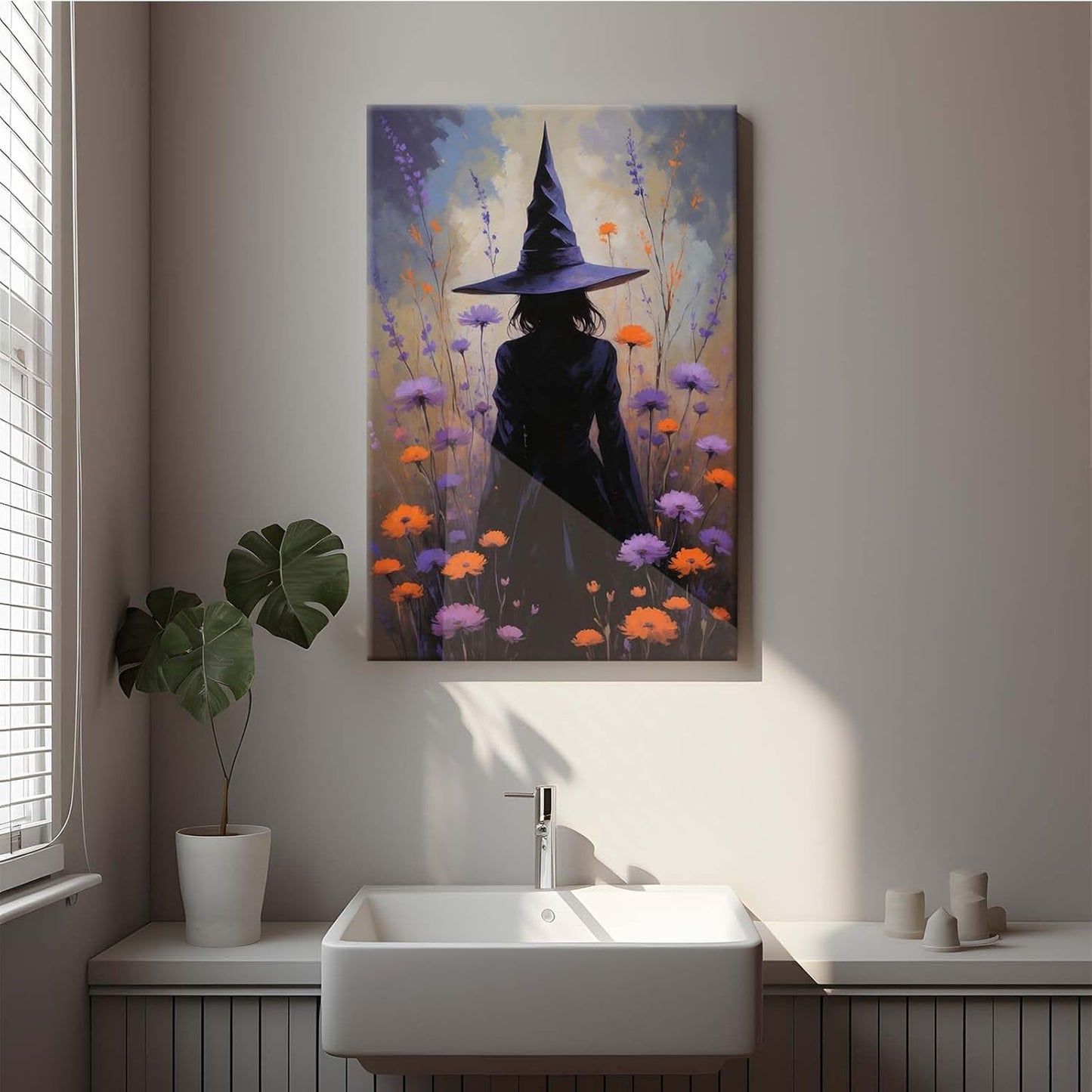 Country wildflower witch canvas print halloween mashup art witch purple decoration bohemian elegant art poster12x16in Wood Framed