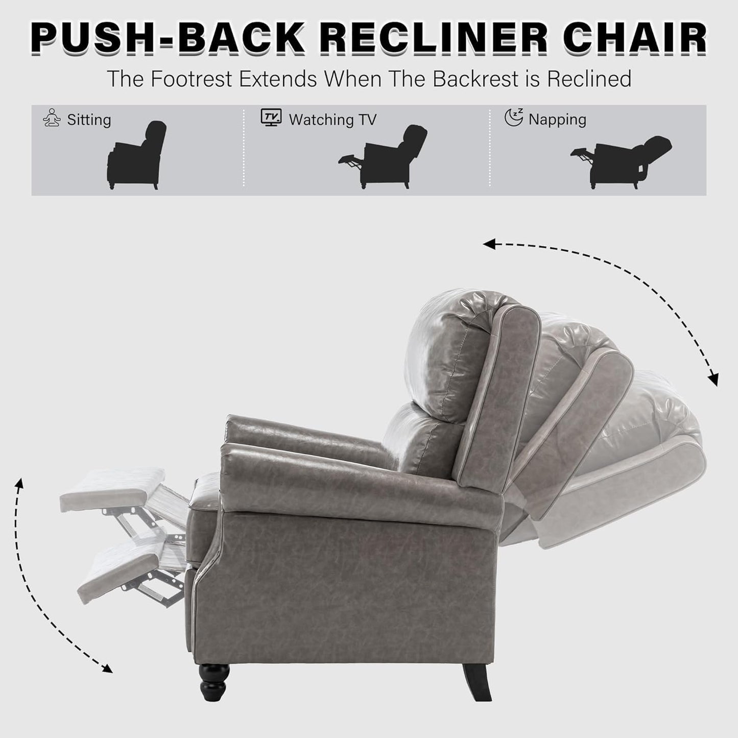 UIXE Pushback Recliner Chairs Set of 2, Faux Leather Armchair Push Back Accent Chair for Living Room, Rivet Trim Club Arm Chair Overstuffed Home Theater Single Sofa Reading Seat with Footrest - Gray
