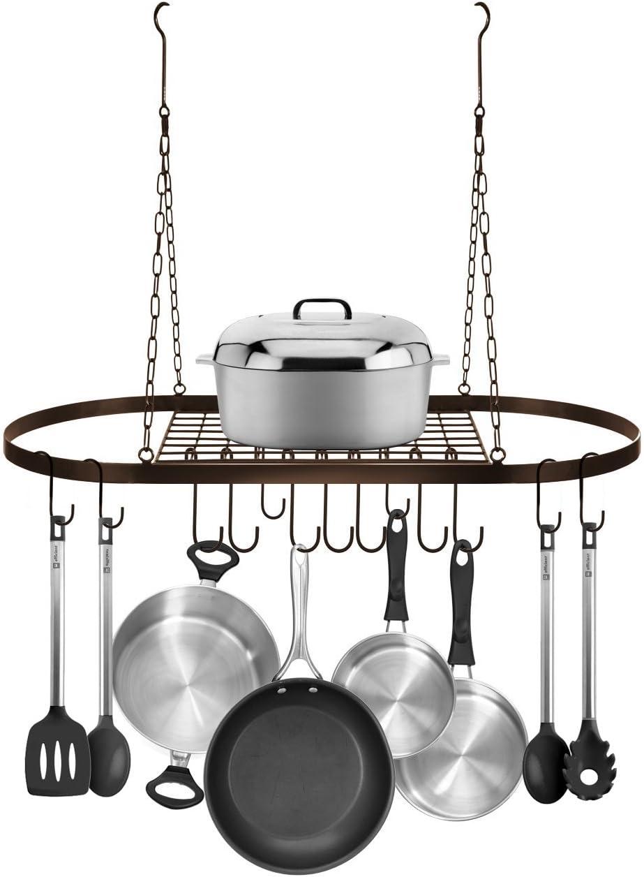 Sorbus Pot and Pan Rack for Ceiling 31" with 10 S Hooks — Decorative Oval Mounted Storage Rack — Multi-Purpose Organizer Great for Home, Restaurant, Kitchen Cookware, Utensils, Books, (Bronze)