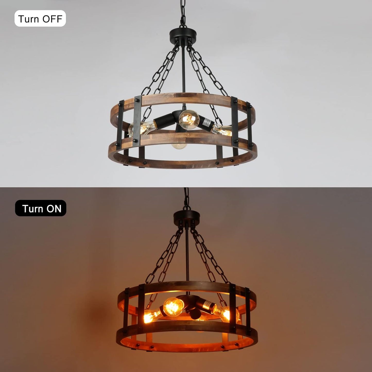 Farmhouse Rustic Wood Chandelier, 4-Light Industrial Drum Chandelier for Dining Room Vintage Pendant Hanging Light Fixture with Black Metal Accent for Kitchen Living Room Dining Area