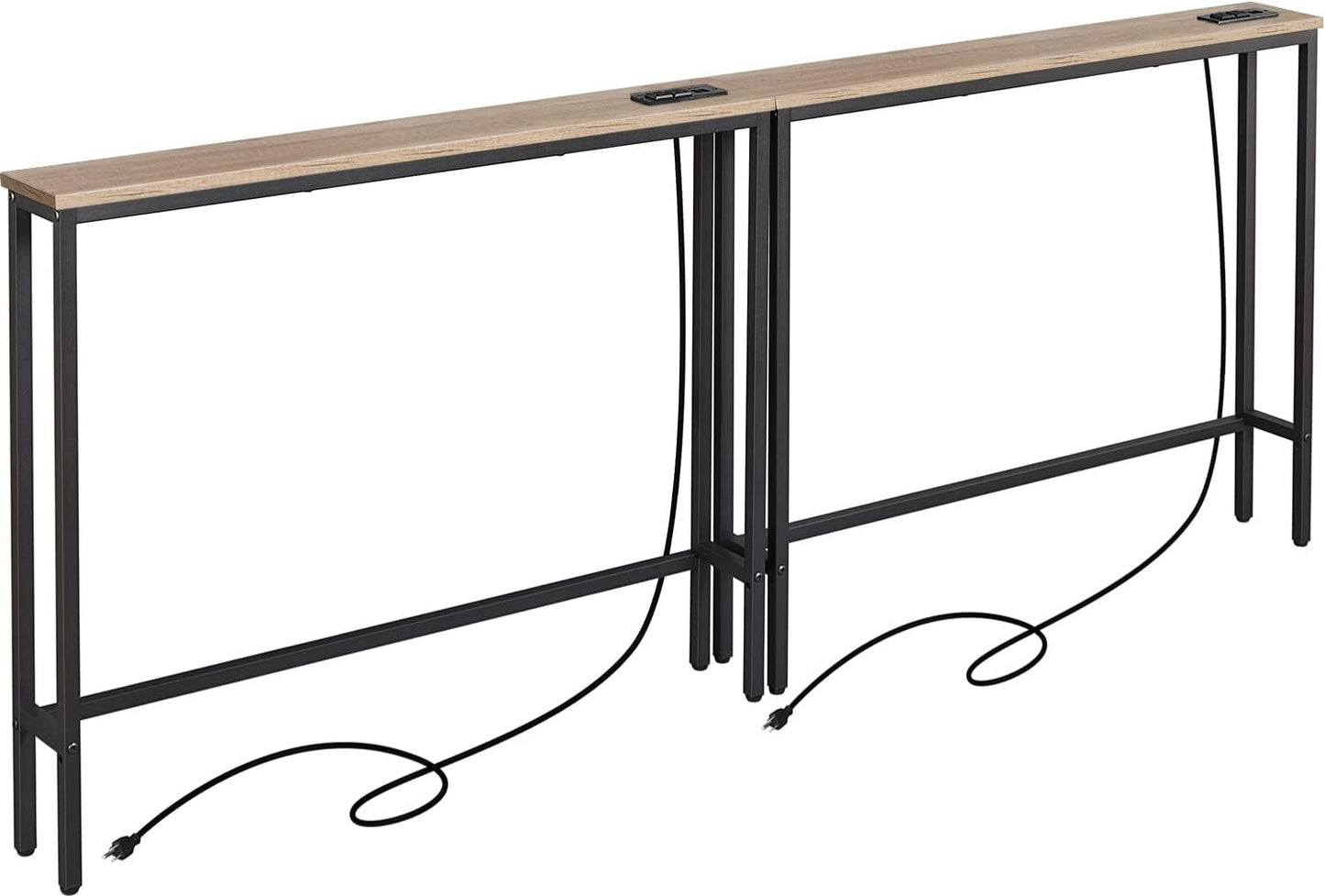 ELYKEN 2 Pack 5.9" Narrow Console Sofa Table with Power Outlets, 5.9" Dx39.4 Wx31.1 H Long Couch Table with Metal Frame and Charge Station with 6.5’ Extension Cord, White Oak